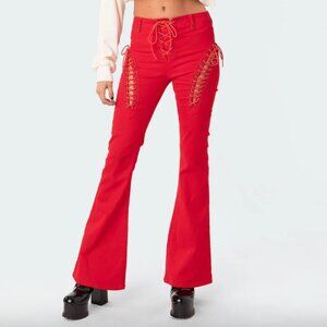 EDIKTED Engine Red Lace-Up High Waist Flare Jeans